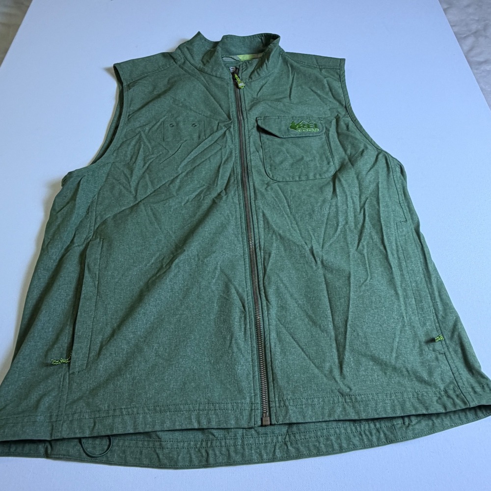 REI Co-op Mens Green Full Zip Outdoor Vest Large Embroidered Ice Axe Graphic